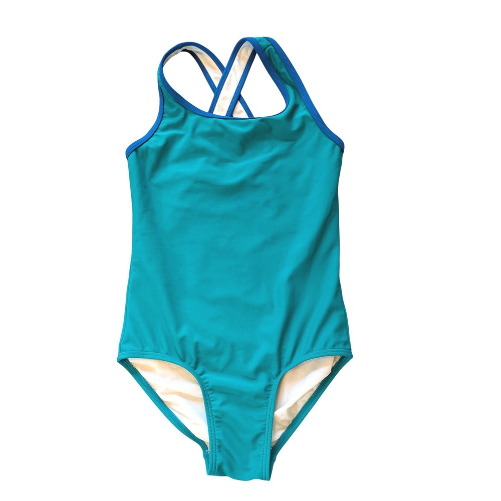 LL Bean Kids Girls Teal Green Blue Crisscross One Piece Swimsuit UPF 50+ Size 8